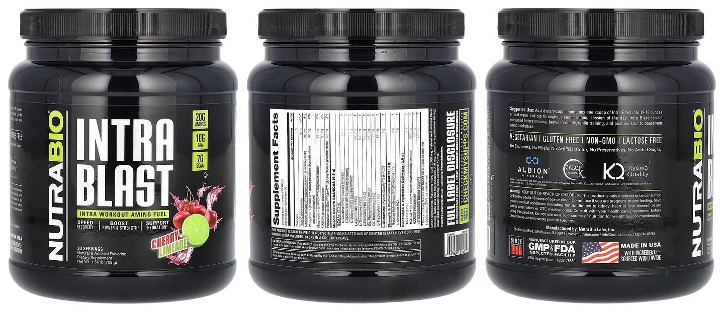 NutraBio, Intra Blast, Intra Workout Amino Fuel, Cherry Limeade packaging