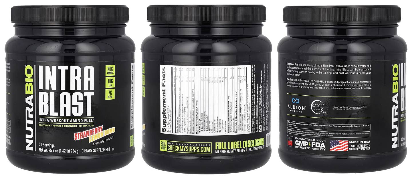 NutraBio, Intra Blast, Intra Workout Amino Fuel, Strawberry Lemon Bomb packaging