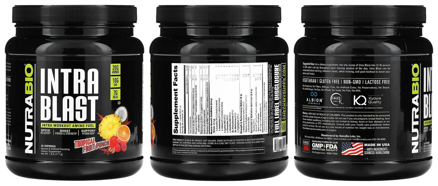 NutraBio, Intra Blast, Intra Workout Amino Fuel, Tropical Fruit Punch packaging