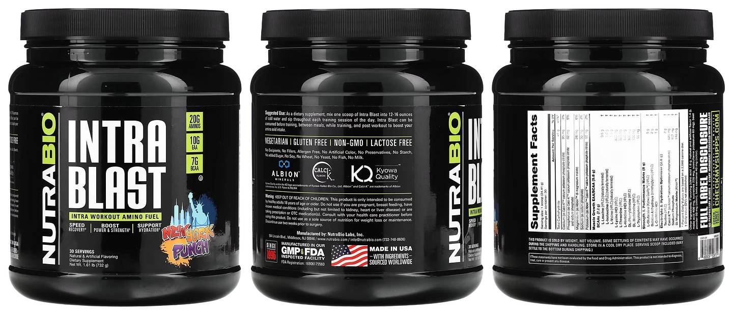 NutraBio, Intra Blast, Intra Workout Muscle Fuel, New York Punch packaging