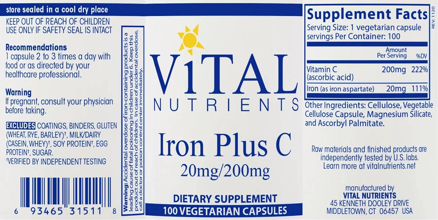 Vital Nutrients, Iron Plus C label