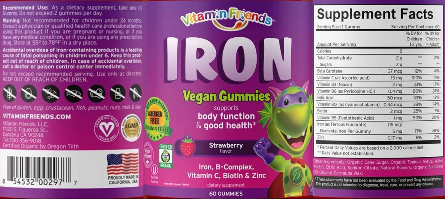 Vitamin Friends, Iron Vegan Gummies label