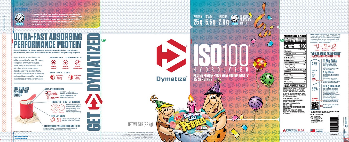 Dymatize, ISO100 Hydrolyzed, 100% Whey Protein Isolate, Birthday Cake Pebbles label