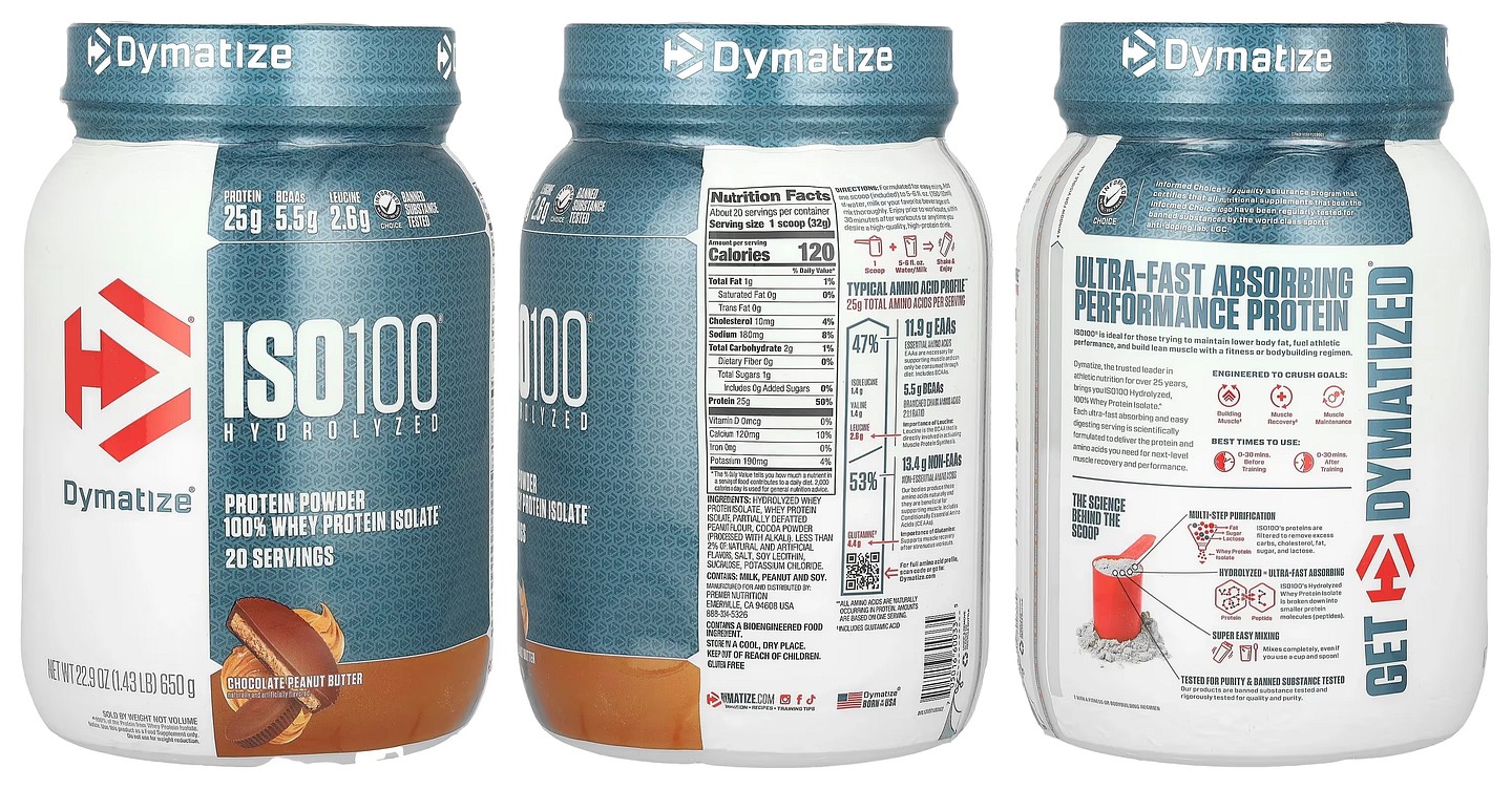 Dymatize, ISO100 Hydrolyzed, 100% Whey Protein Isolate, Chocolate Peanut Butter packaging