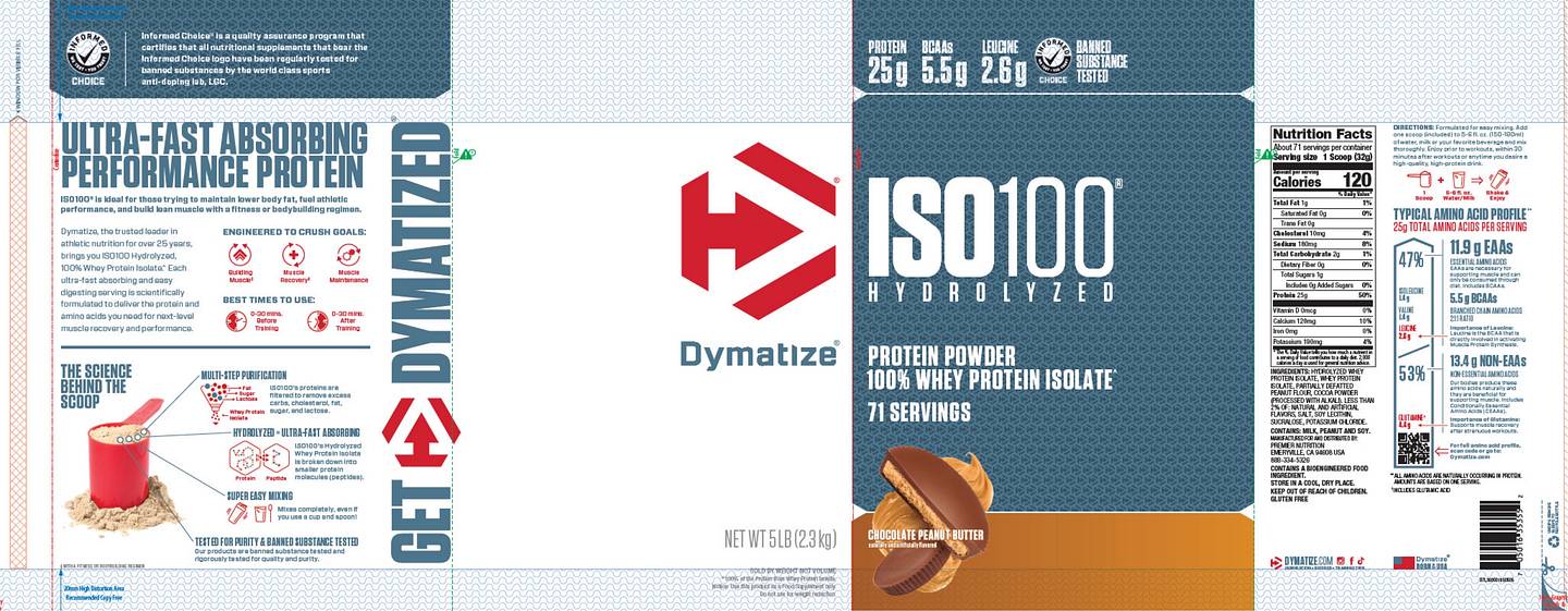 Dymatize, ISO100 Hydrolyzed, 100% Whey Protein Isolate, Chocolate Peanut Butter label