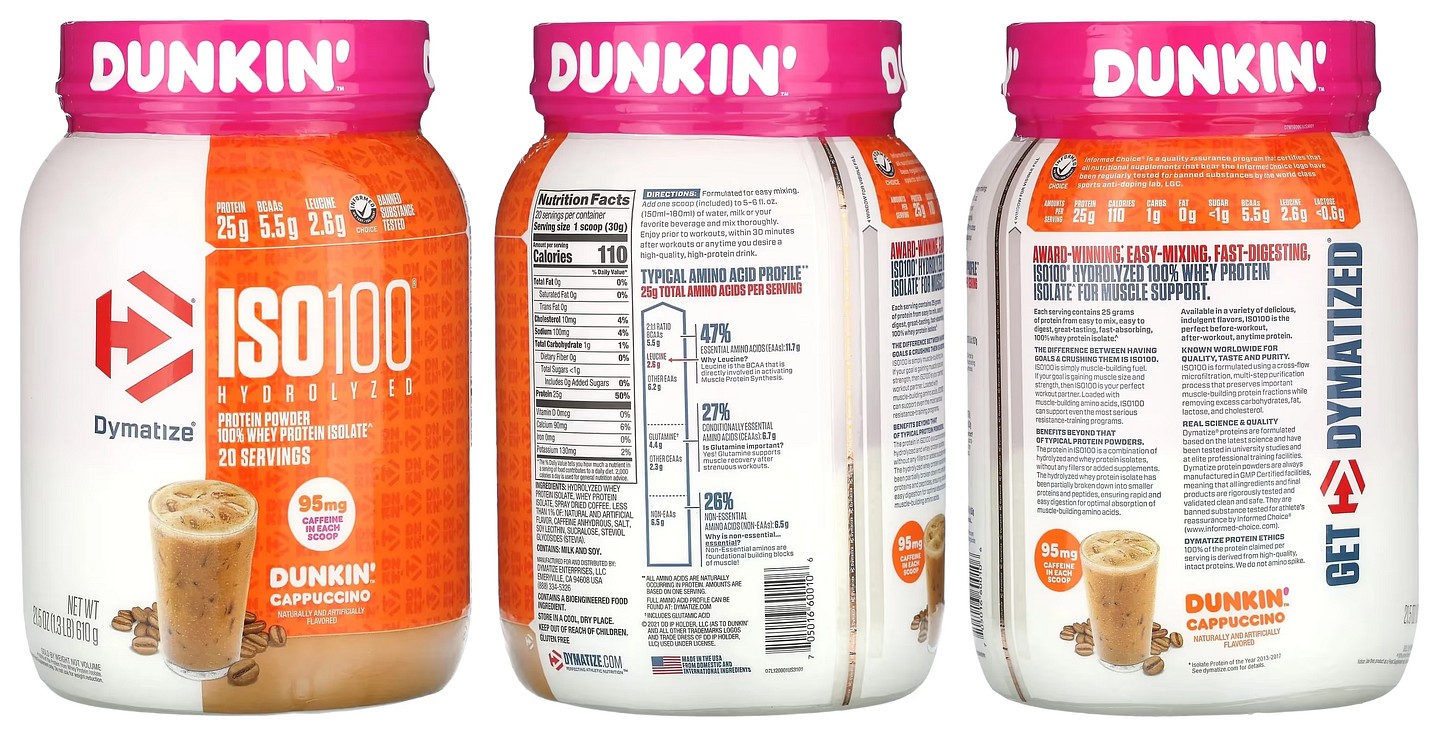 Dymatize, ISO100 Hydrolyzed, 100% Whey Protein Isolate, Dunkin’ Cappuccino packaging