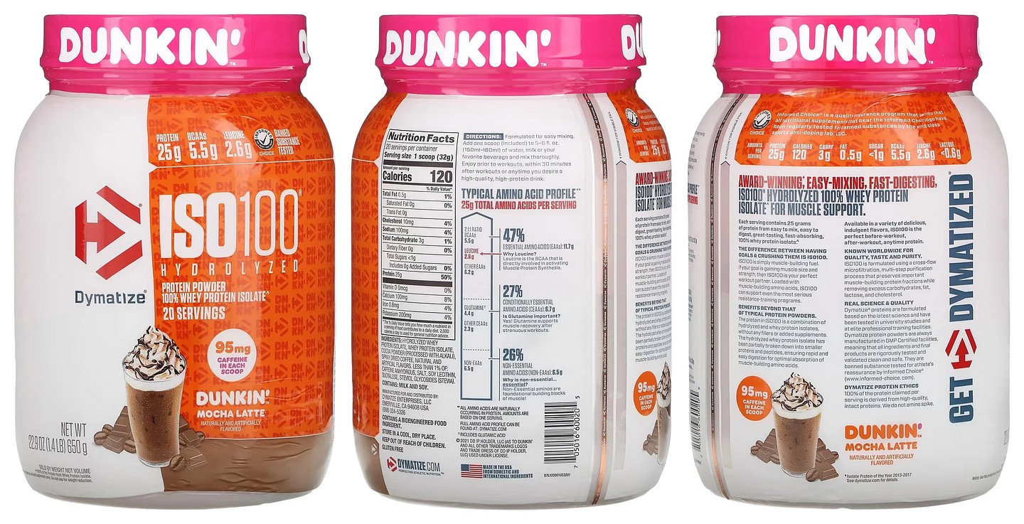 Dymatize, ISO100 Hydrolyzed, 100% Whey Protein Isolate, Dunkin’ Mocha Latte packaging