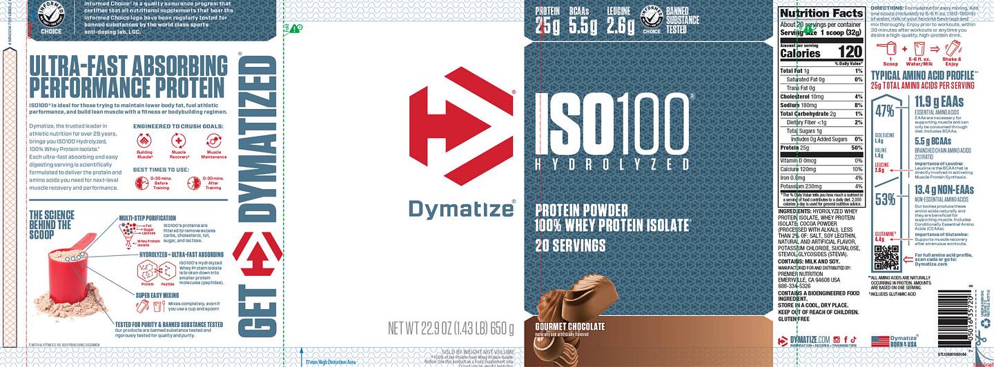 Dymatize, ISO100 Hydrolyzed, 100% Whey Protein Isolate, Gourmet Chocolate label