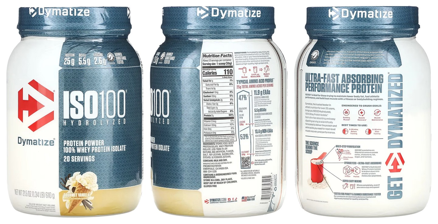 Dymatize, ISO100 Hydrolyzed, 100% Whey Protein Isolate, Gourmet Vanilla packaging