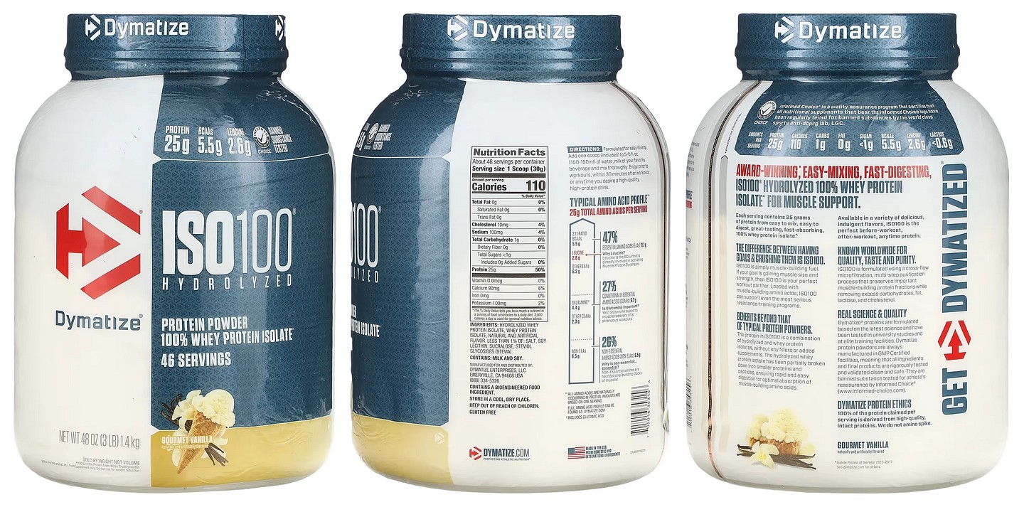 Dymatize, ISO100 Hydrolyzed, 100% Whey Protein Isolate, Gourmet Vanilla packaging