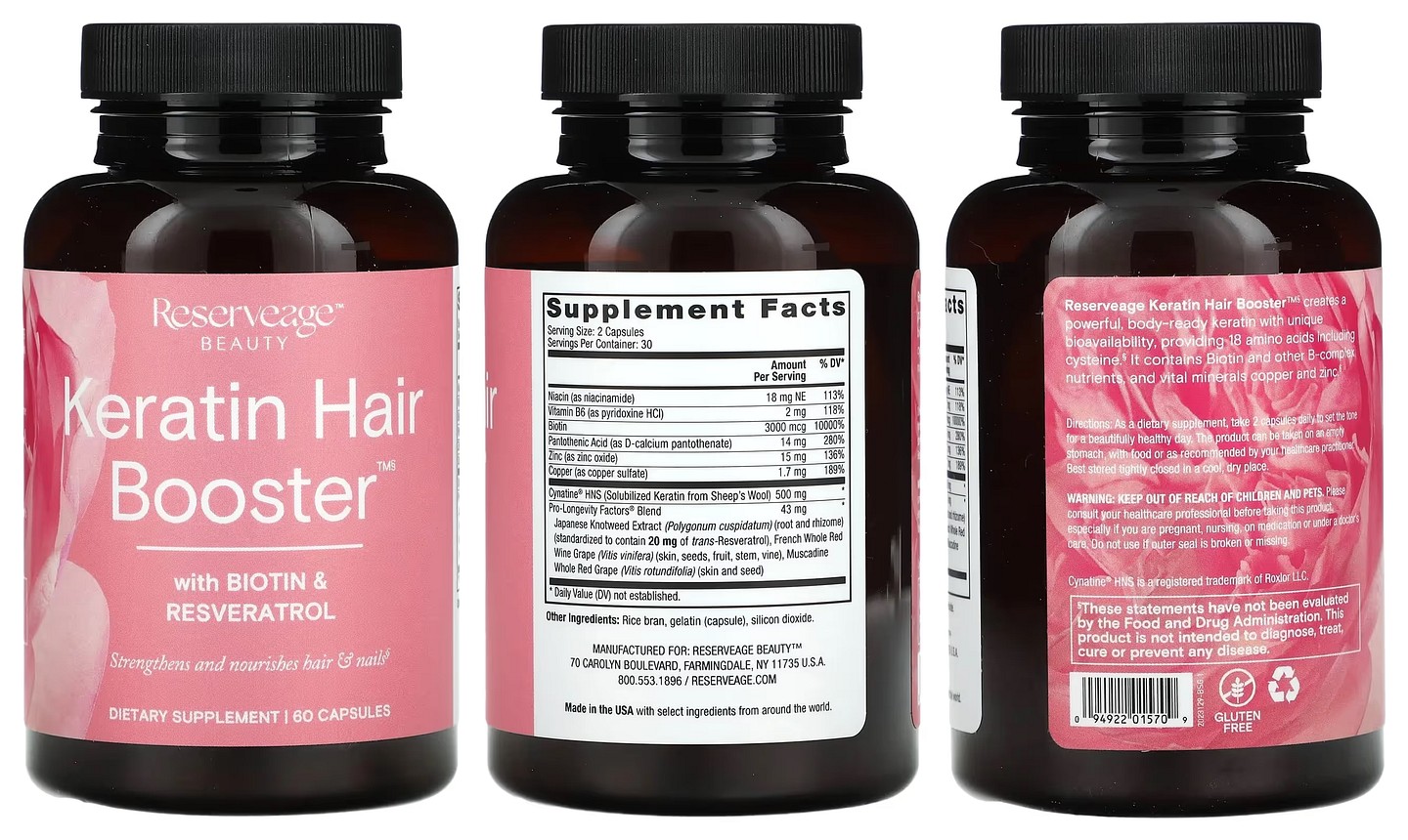Reserveage Nutrition, Keratin Hair Booster with Biotin & Resveratrol packaging