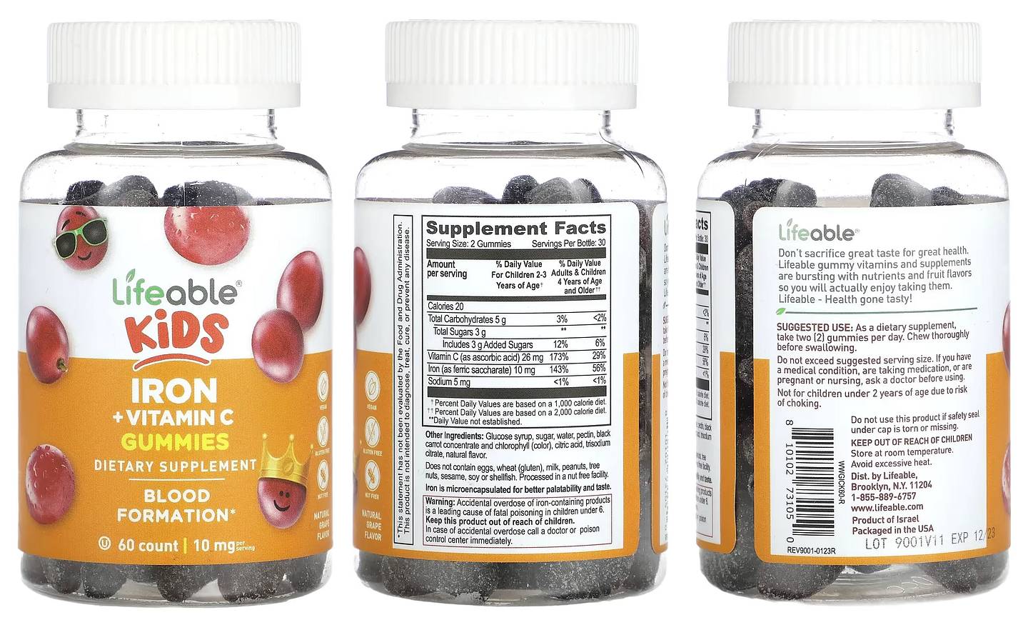 Lifeable, Kids Iron + Vitamin C Gummies packaging