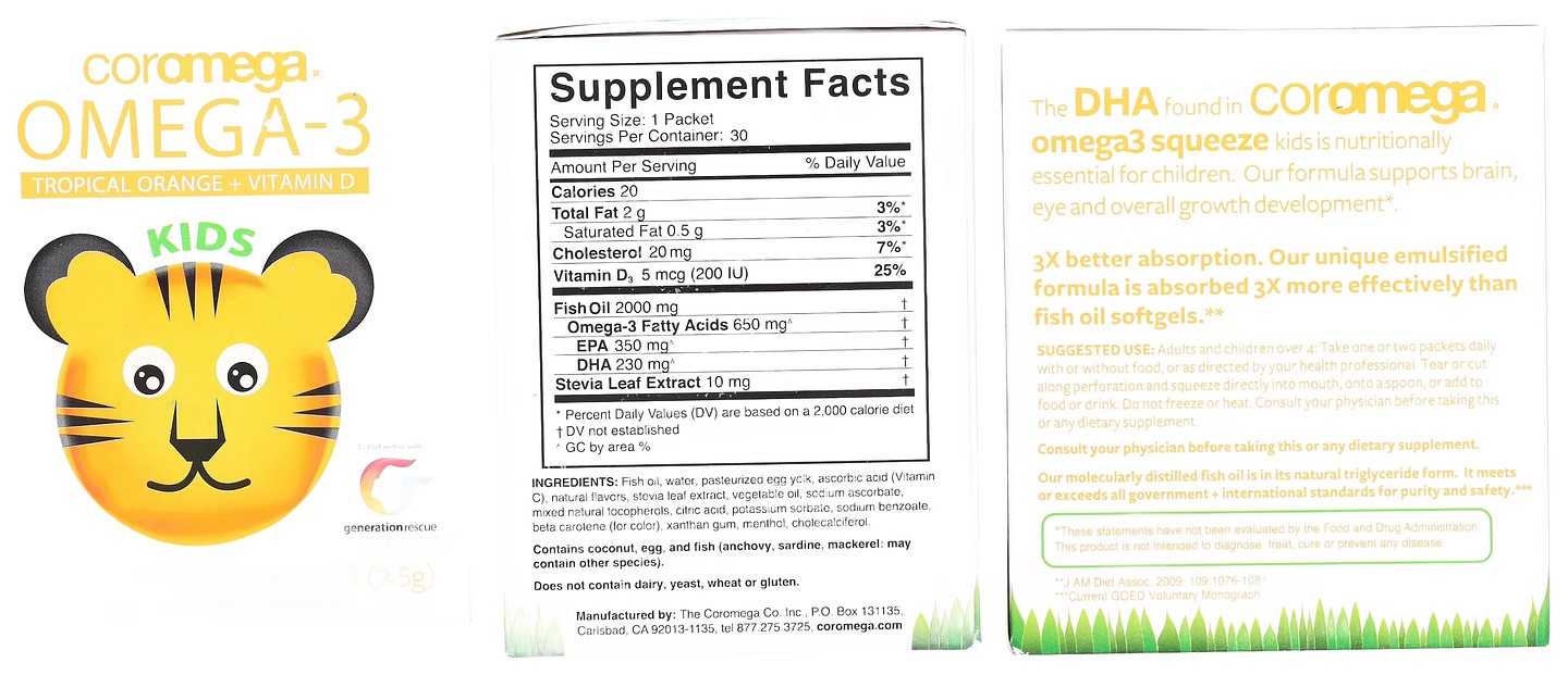 Coromega, Kids, Omega-3, Tropical Orange + Vitamin D packaging