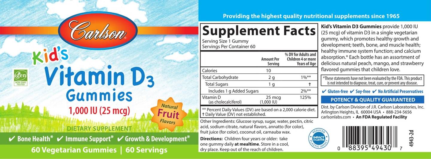 Carlson, Kid's Vitamin D3 Gummies label