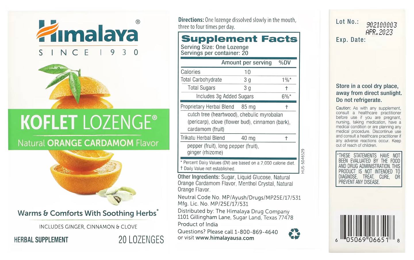 Himalaya, Koflet Lozenge, Natural Orange Cardamom packaging