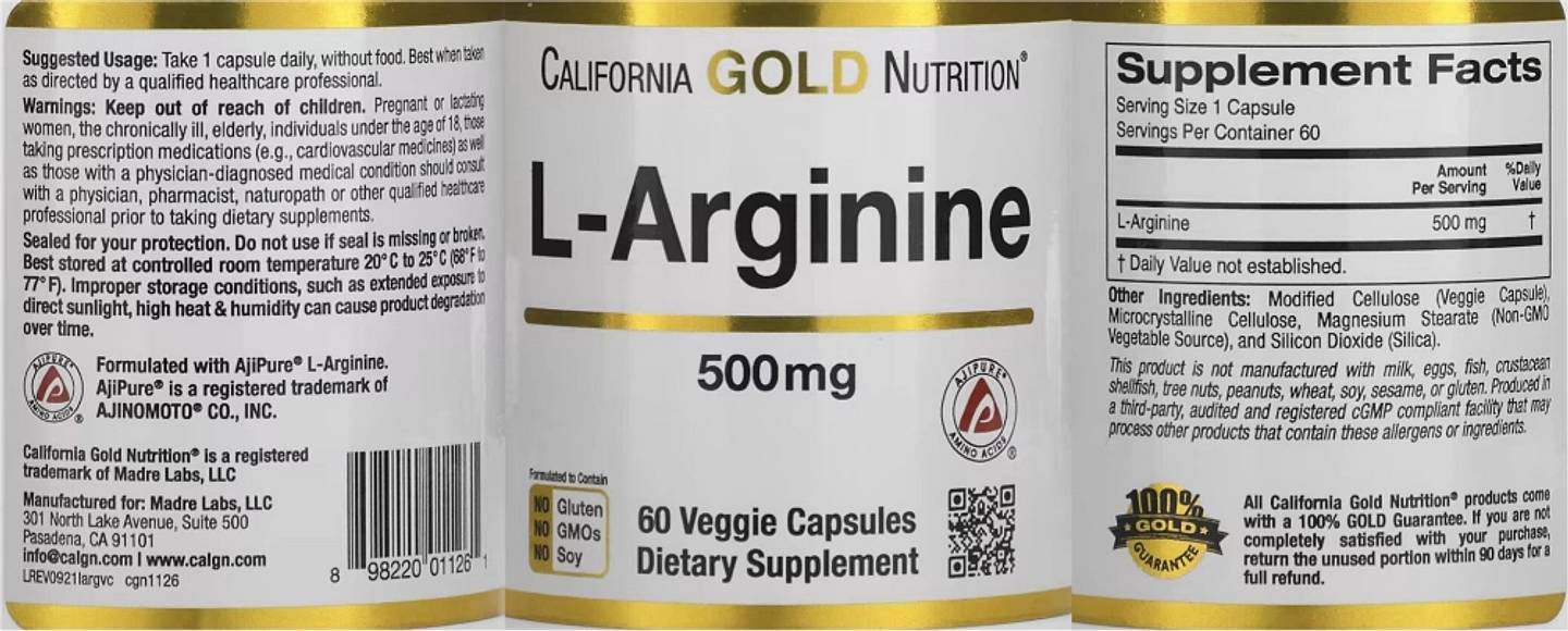 California Gold Nutrition, L-Arginine label