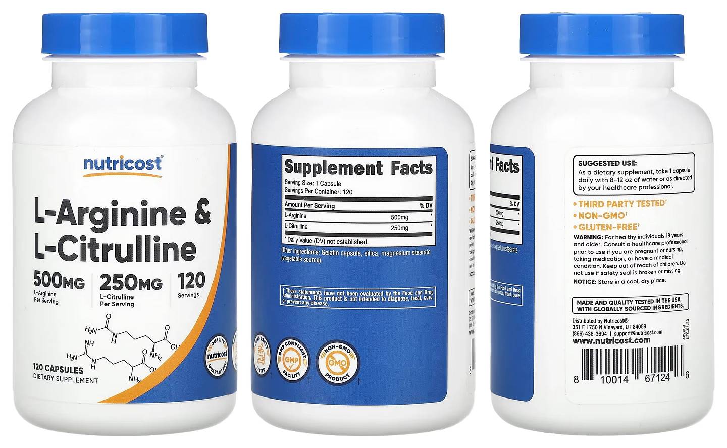 Nutricost, L-Arginine & L-Citrulline packaging