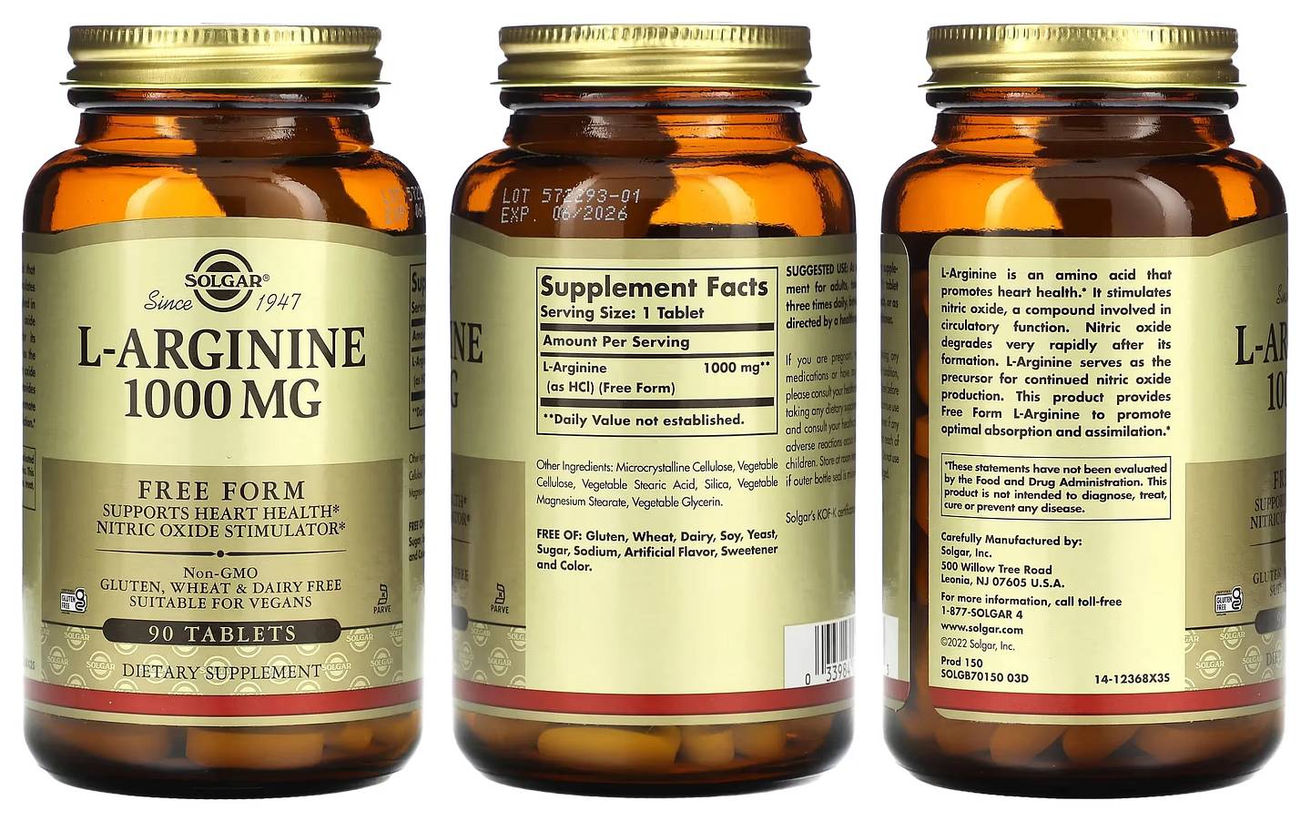 Solgar, L-Arginine, Free Form, 1,000 mg packaging