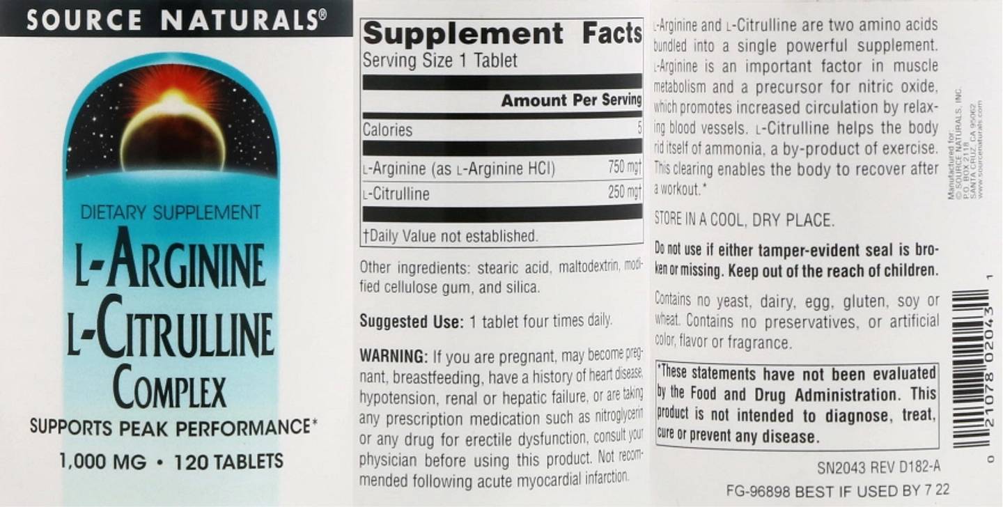 Source Naturals, L-Arginine L-Citrulline Complex label