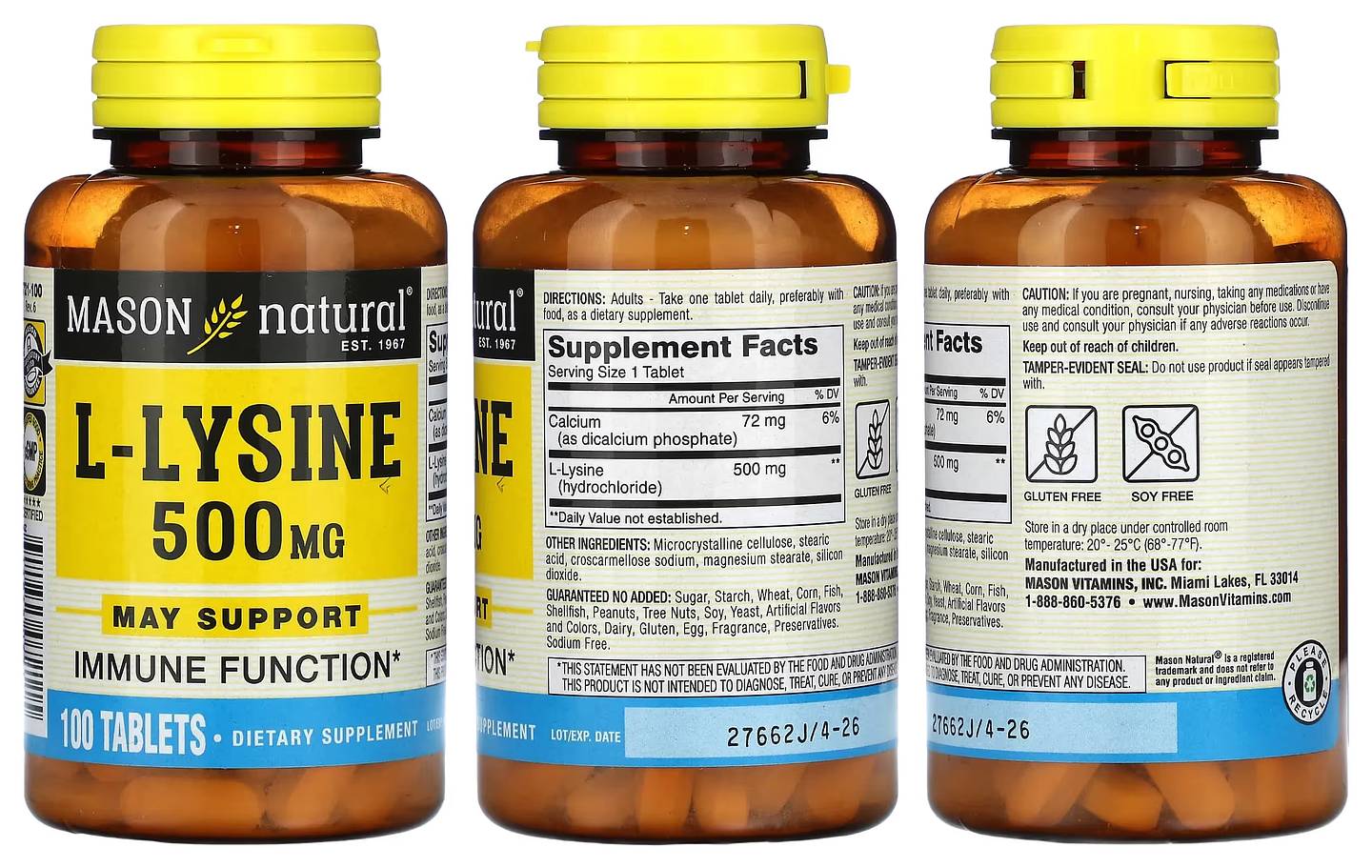 Mason Natural, L- Lysine packaging