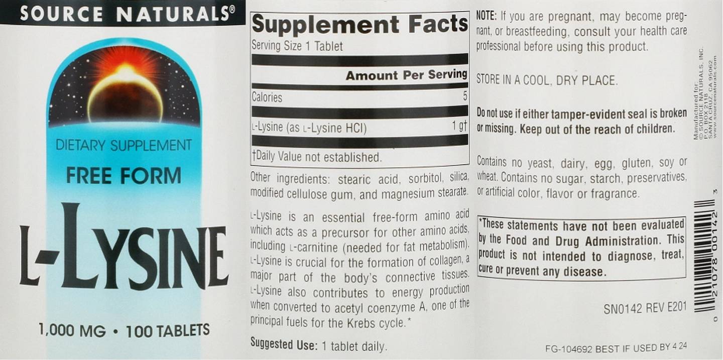 Source Naturals, L-Lysine label