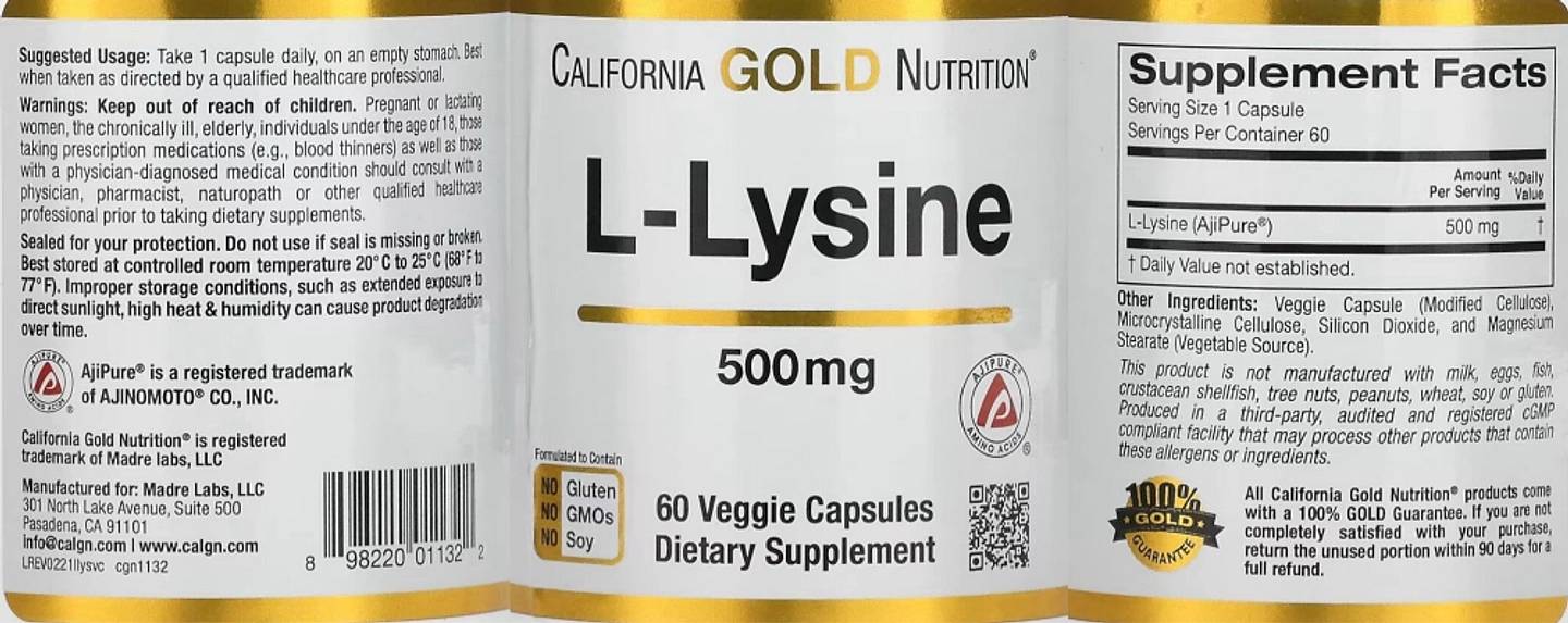 California Gold Nutrition, L-Lysine label