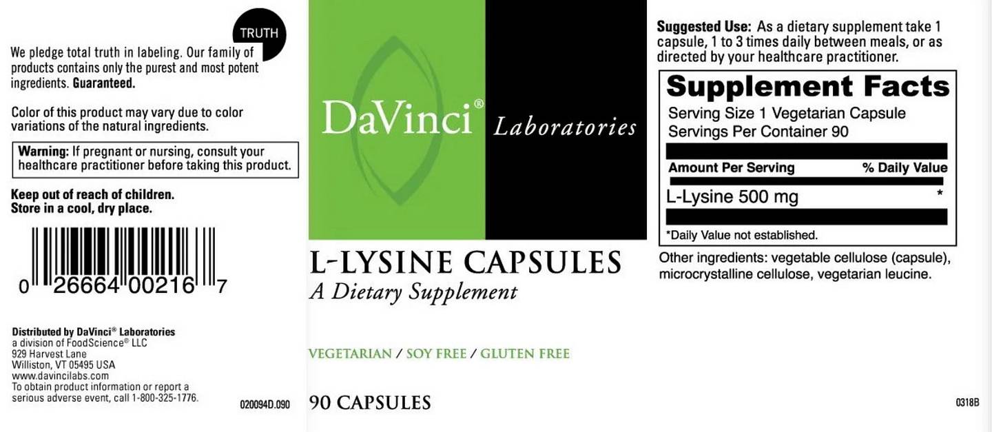 DaVinci Laboratories of Vermont, L-Lysine Capsules label