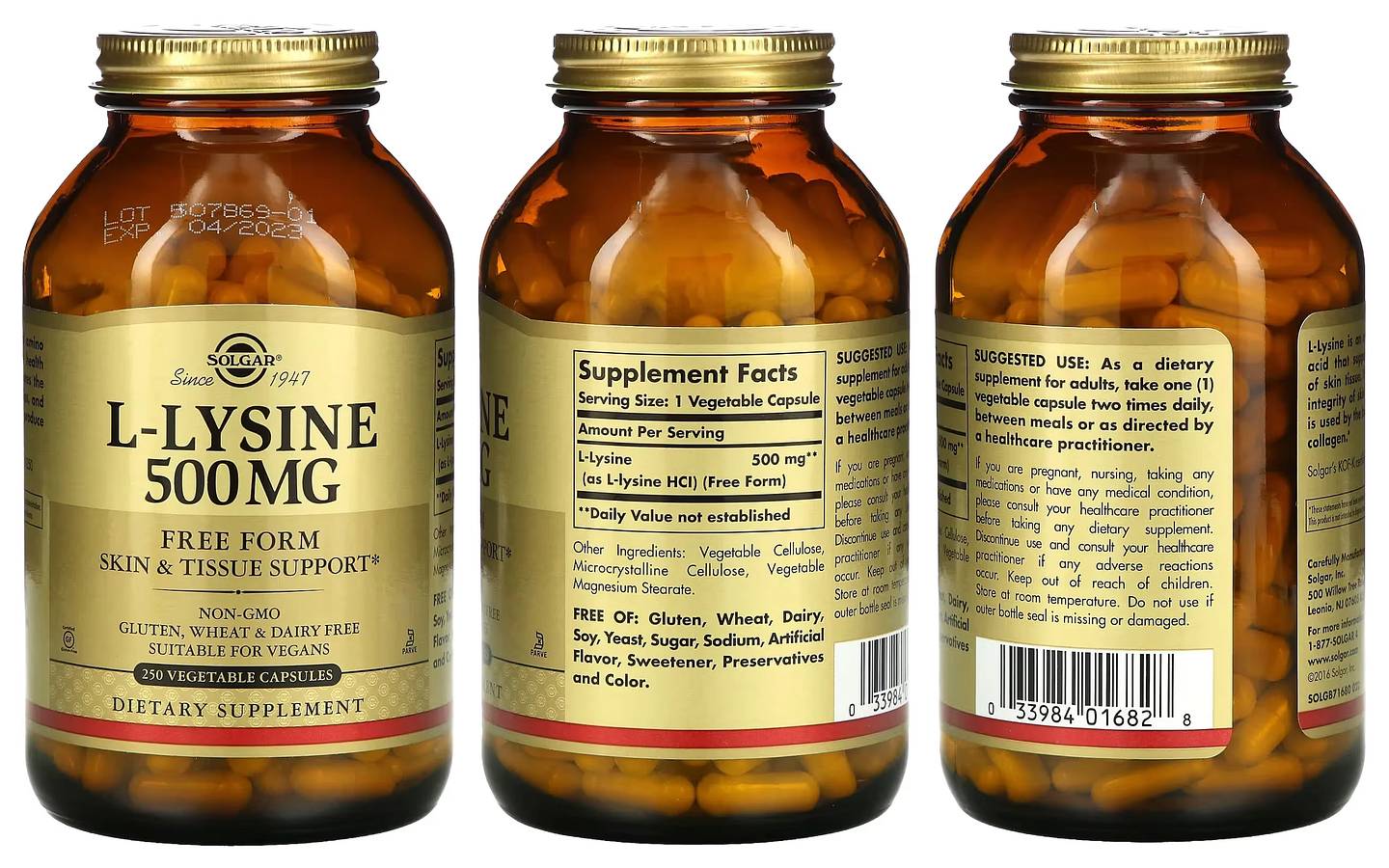 Solgar, L-Lysine, Free Form, 500 mg packaging