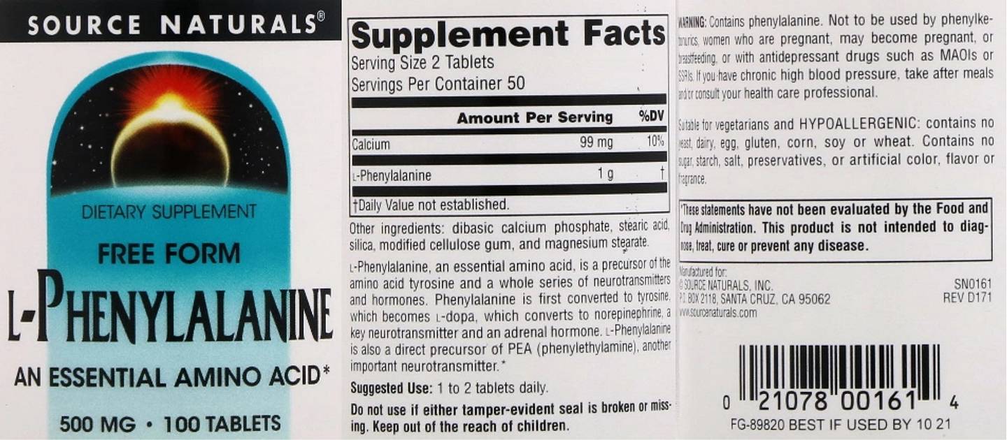 Source Naturals, L-Phenylalanine label