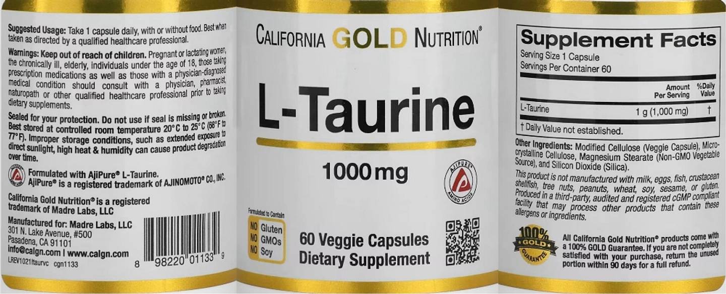 California Gold Nutrition, L-Taurine label