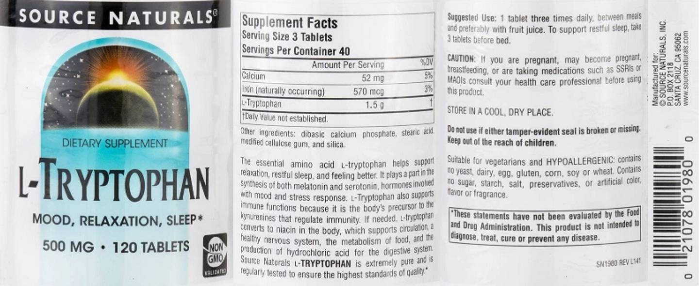 Source Naturals, L-Tryptophan label