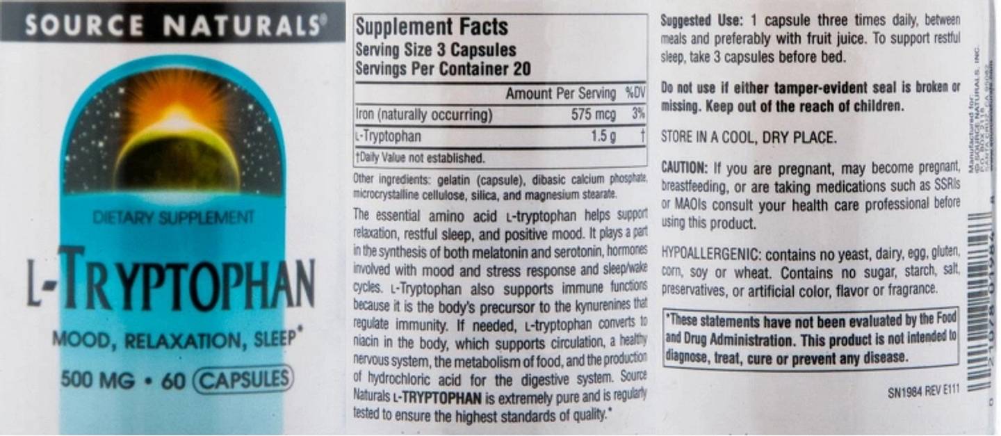 Source Naturals, L-Tryptophan label