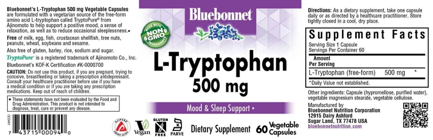 Bluebonnet Nutrition, L-Tryptophan label