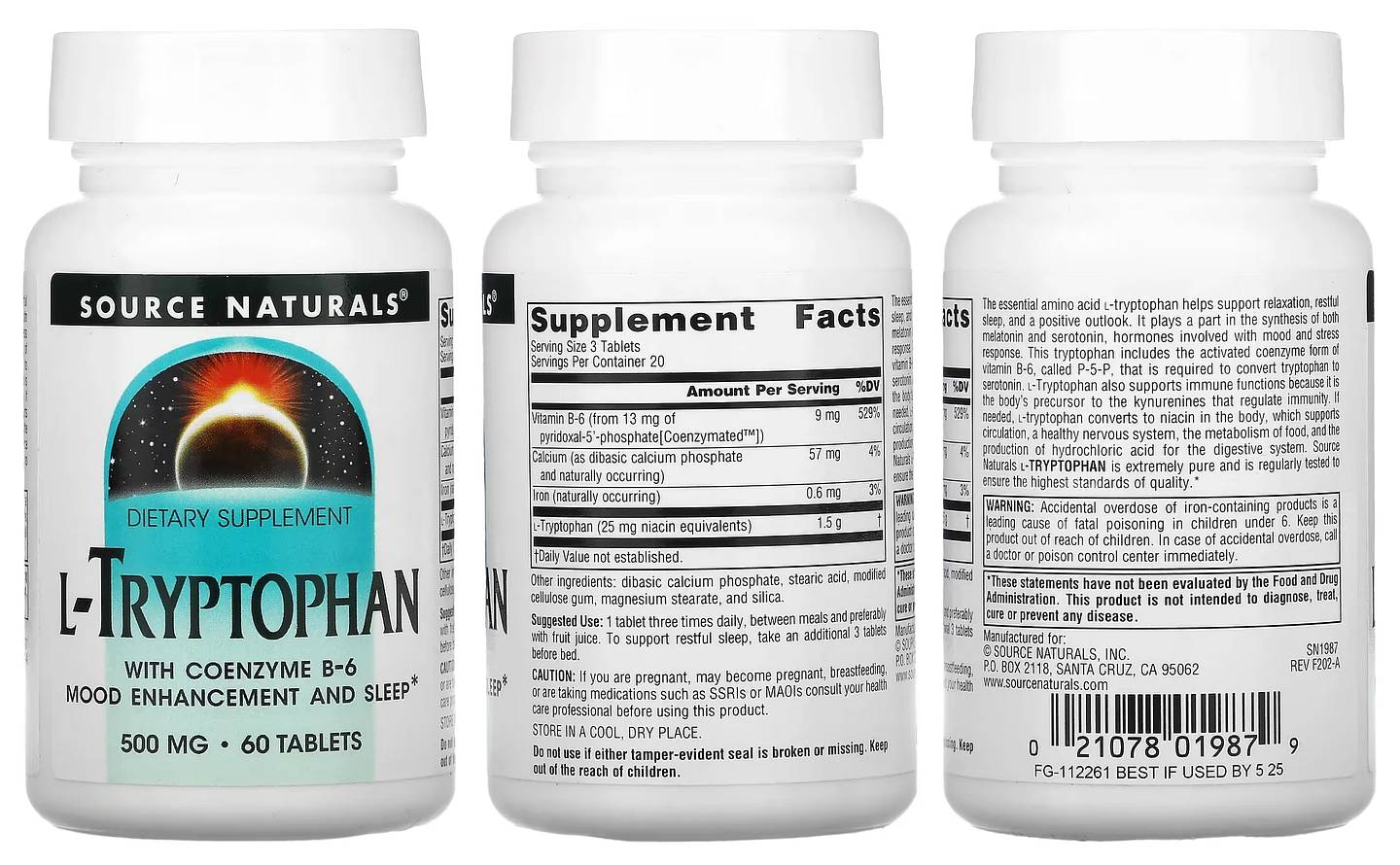 Source Naturals, L-Tryptophan with Coenzyme B-6 packaging