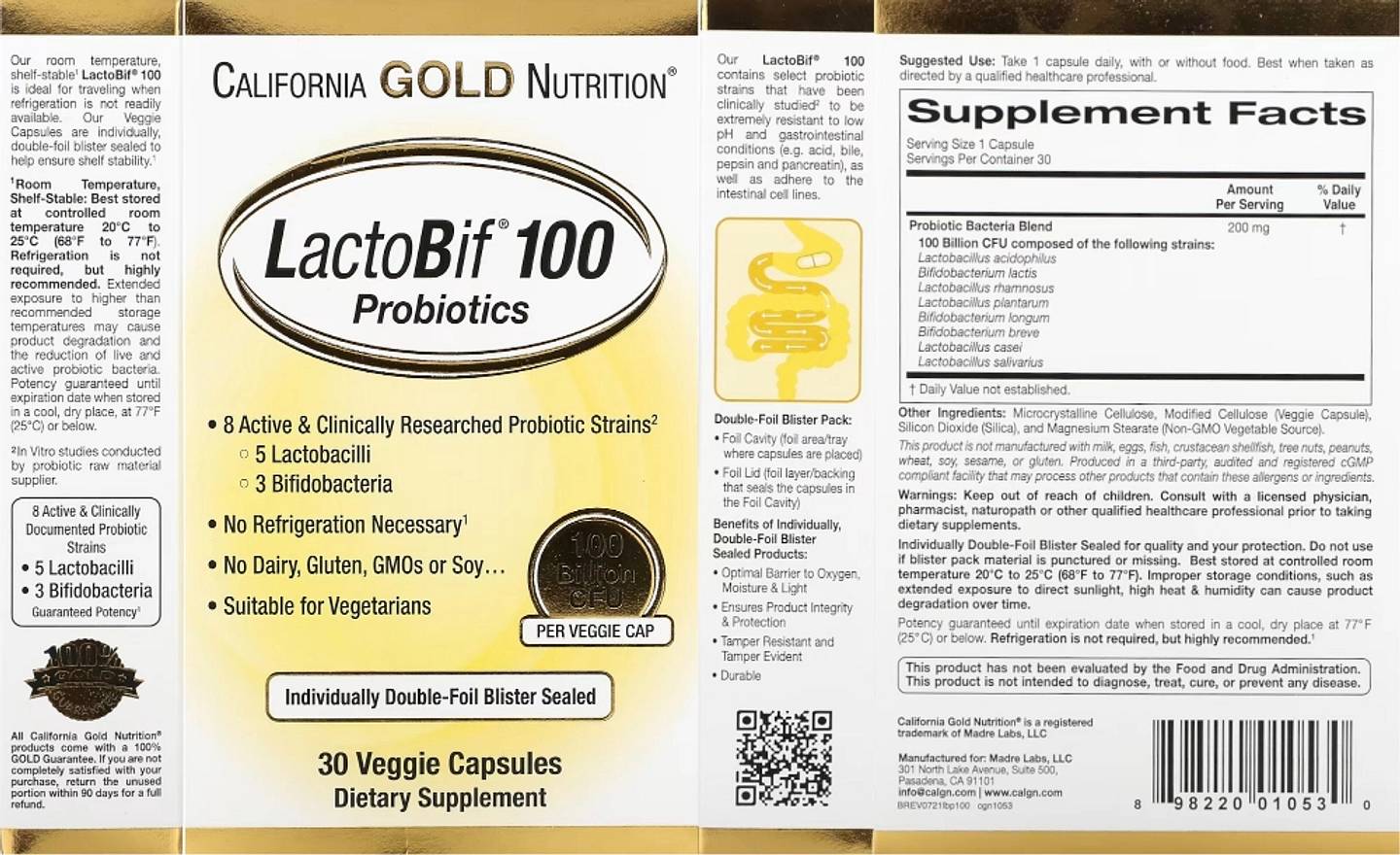 California Gold Nutrition, LactoBif 100 Probiotics label