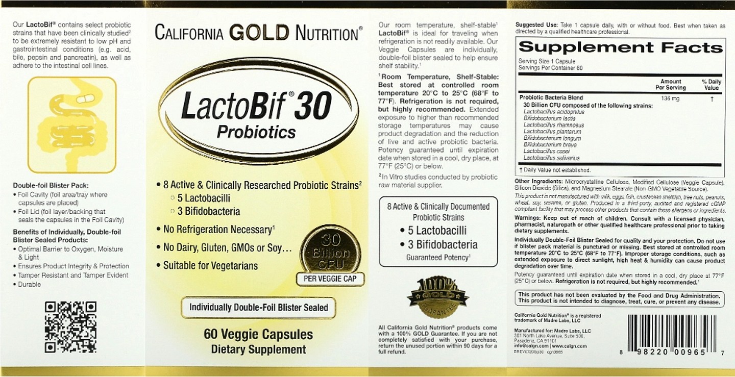 California Gold Nutrition, LactoBif 30 Probiotics label