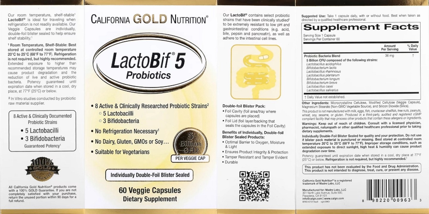 California Gold Nutrition, LactoBif 5 Probiotics label