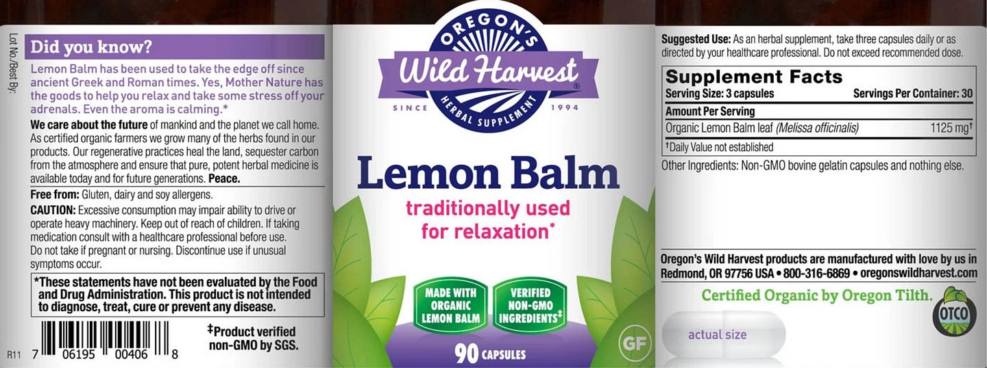 Oregon's Wild Harvest, Lemon Balm label
