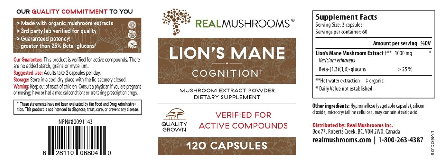 Real Mushrooms, Lion's Mane, Mushroom Extract Powder label