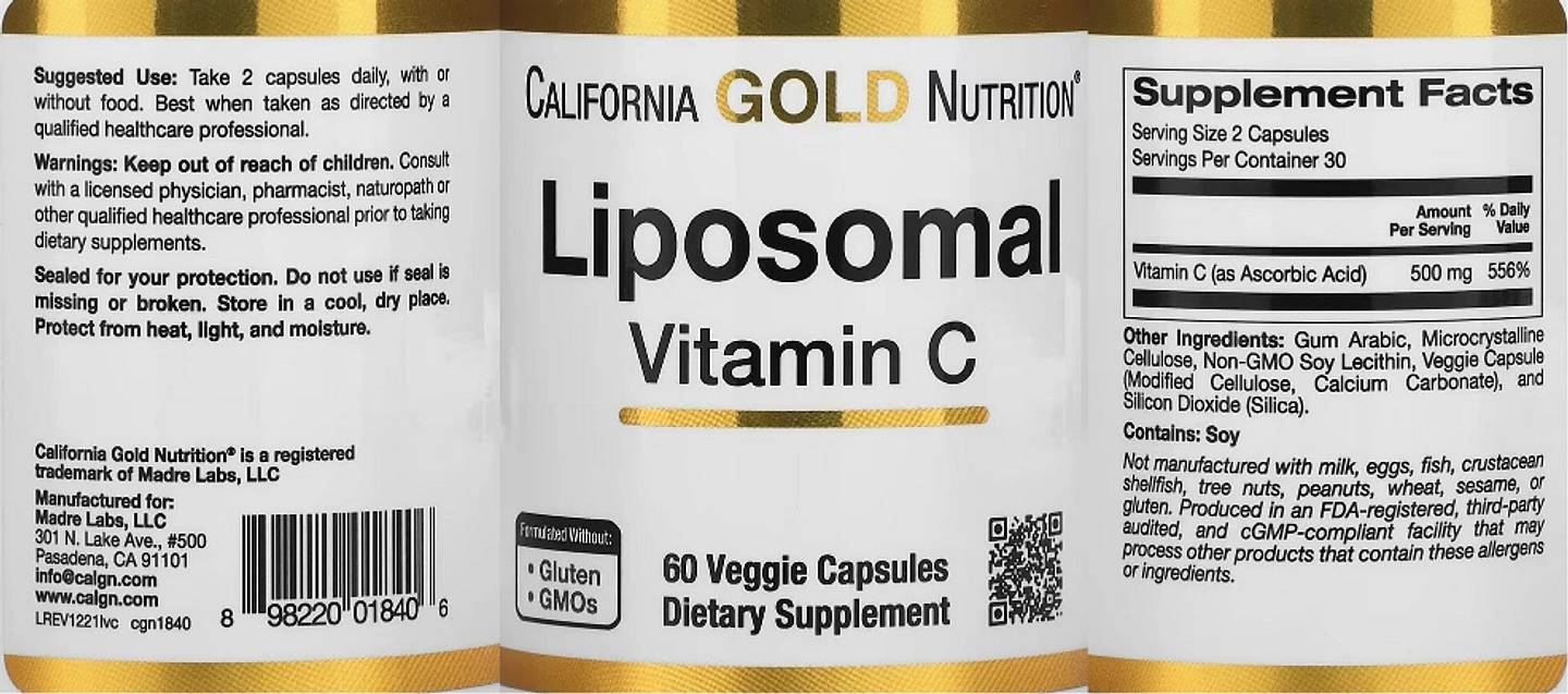 California Gold Nutrition, Liposomal Vitamin C label