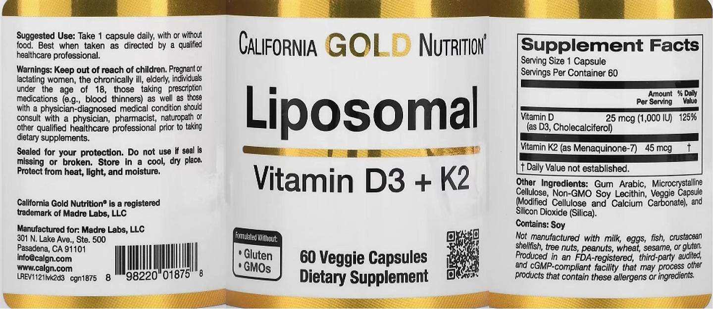 California Gold Nutrition, Liposomal Vitamin K2+ D3 label