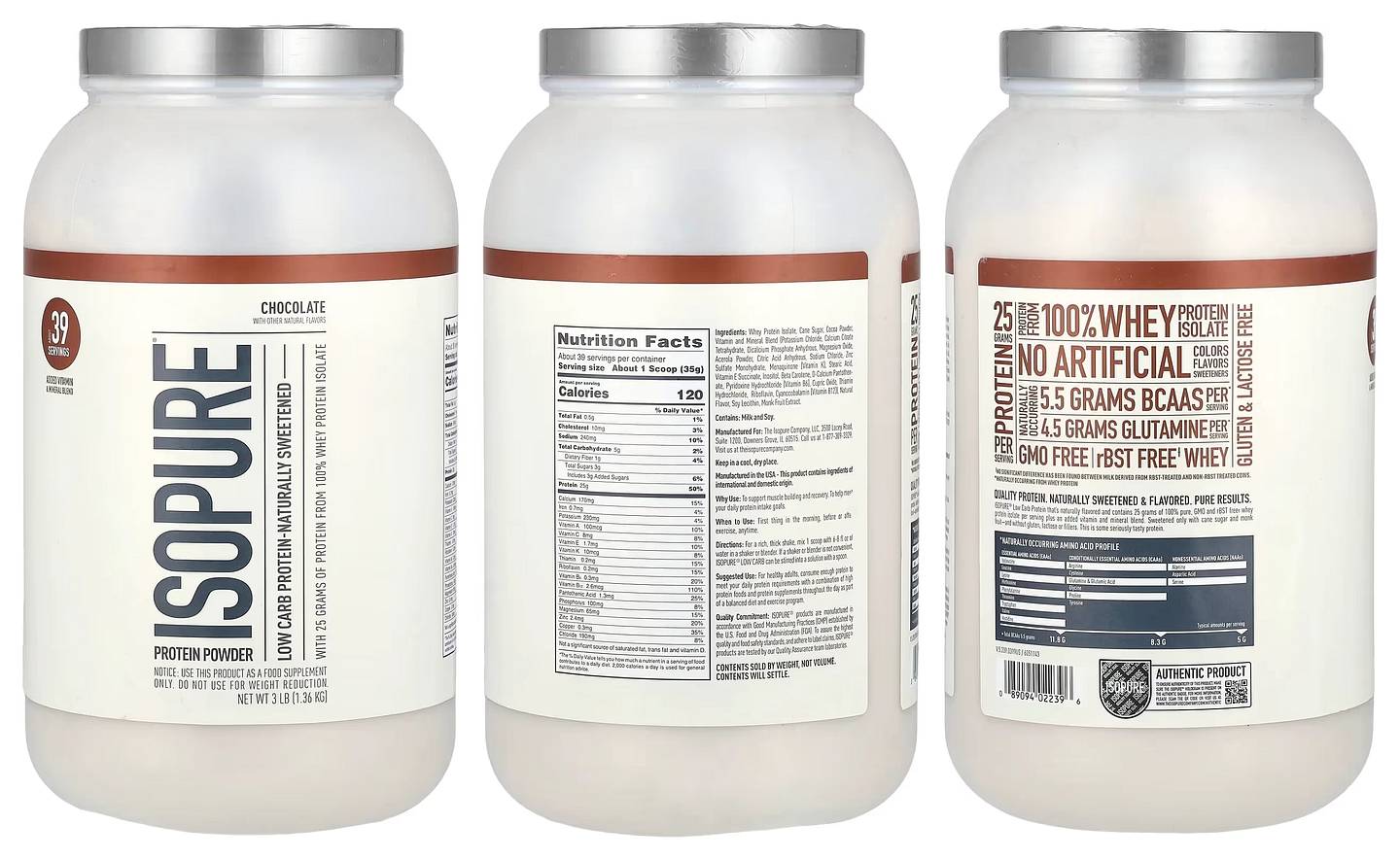 Isopure, Low Carb Protein Powder, Chocolate packaging