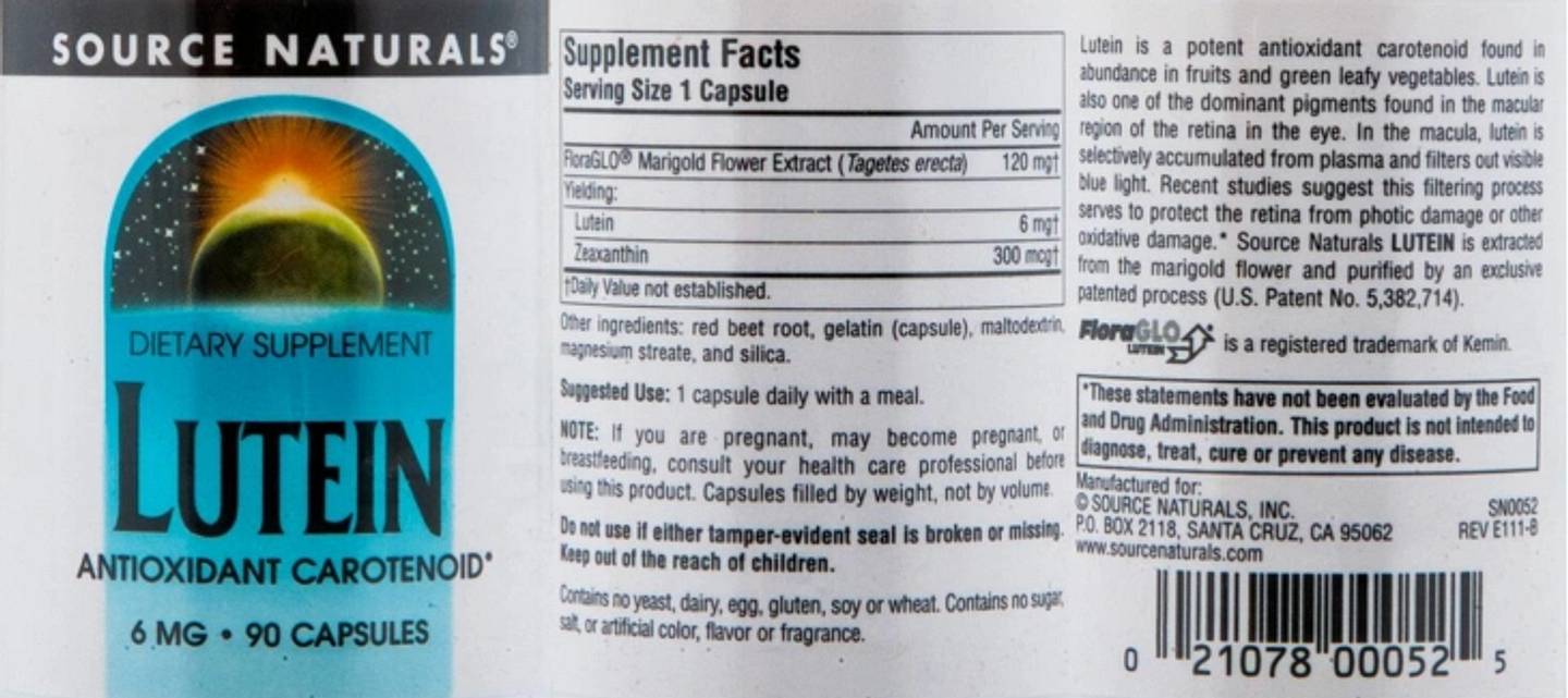 Source Naturals, Lutein label