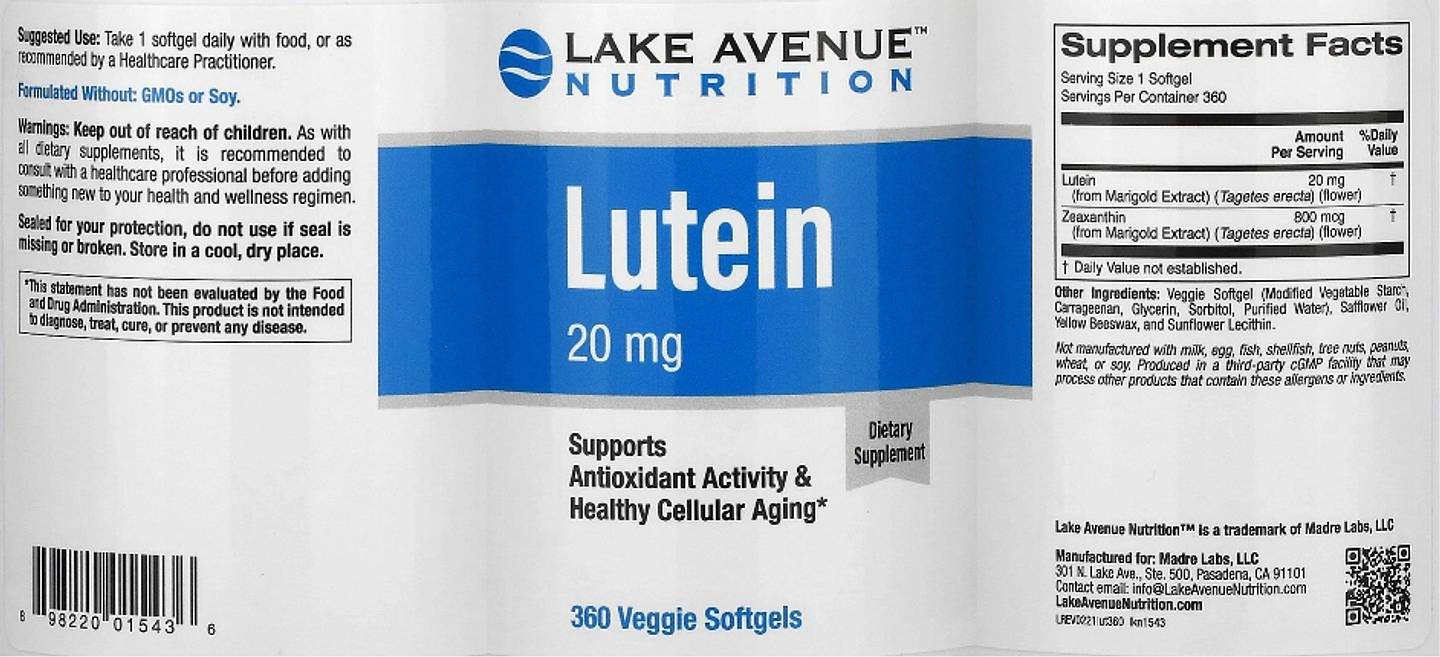 Lake Avenue Nutrition, Lutein label