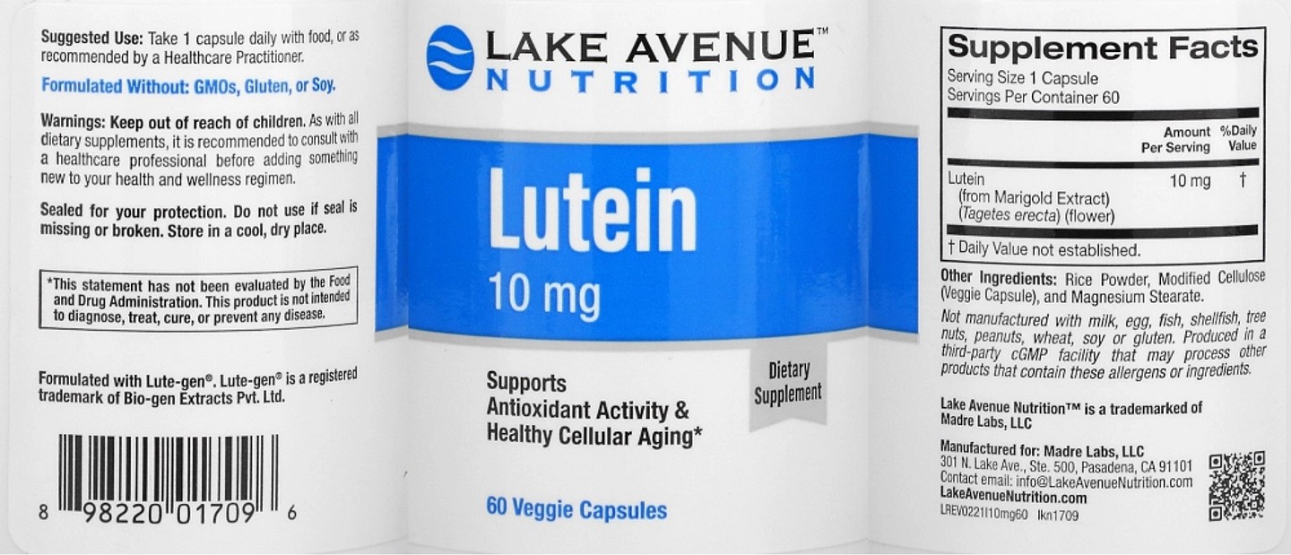 Lake Avenue Nutrition, Lutein label