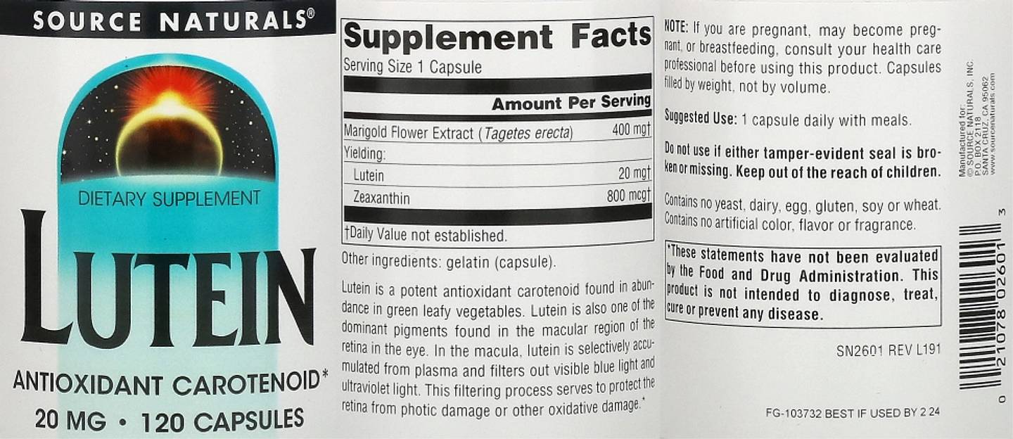 Source Naturals, Lutein label