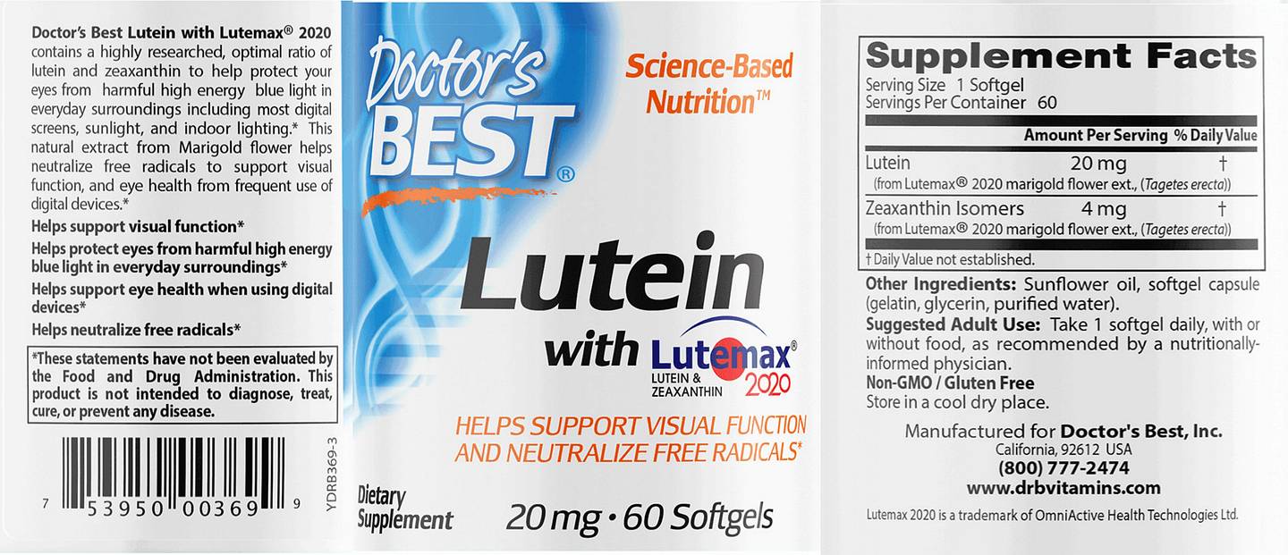 Doctor's Best, Lutein with Lutemax 2020 label