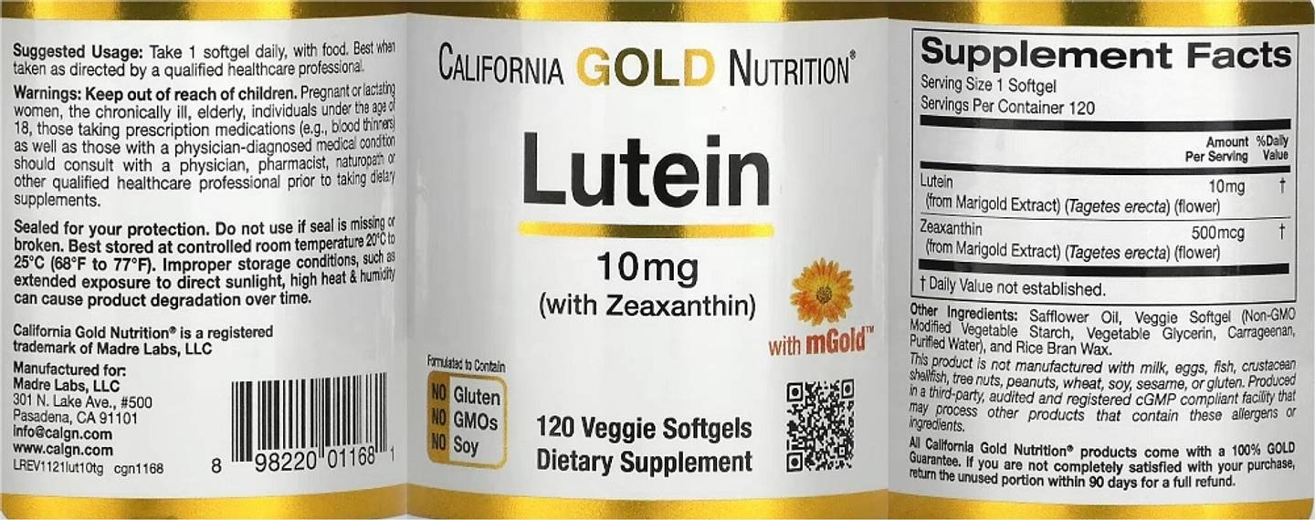 California Gold Nutrition, Lutein with Zeaxanthin label