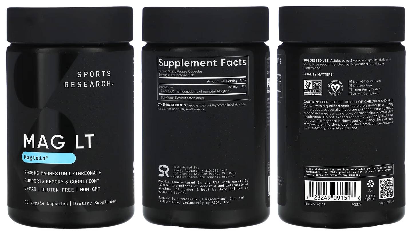 Sports Research, MAG LT, Magtein, 2,000 mg packaging