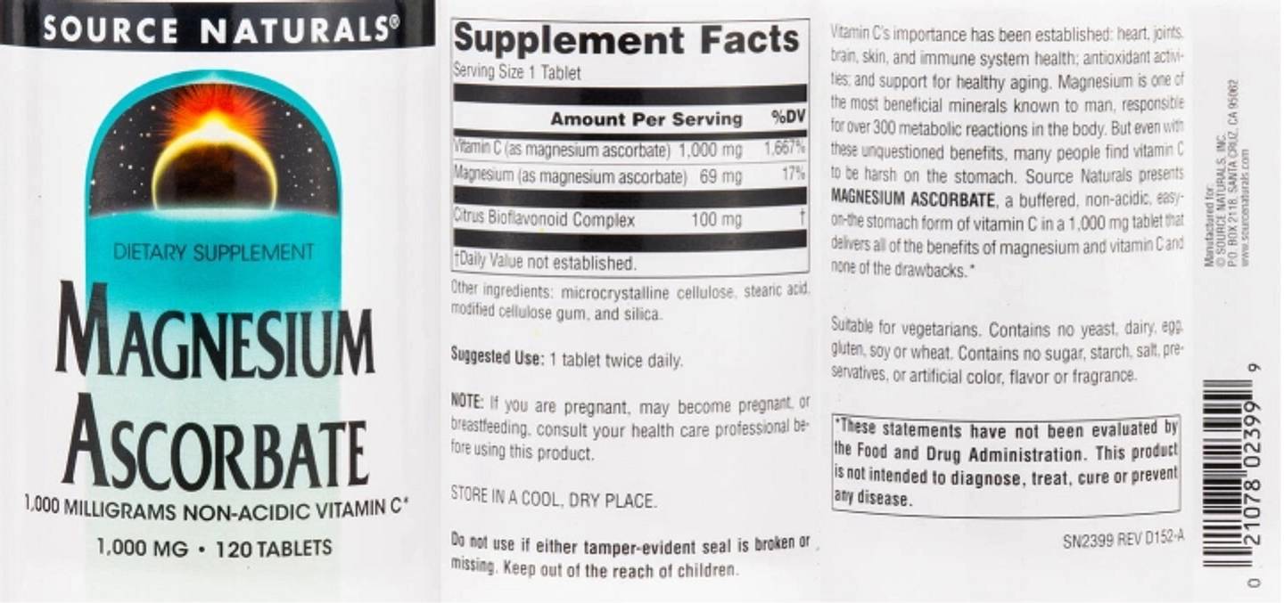 Source Naturals, Magnesium Ascorbate label